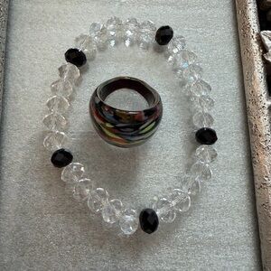 Vintage Multicolor Glass Statement Ring and Clear Bead & Black Bracelet